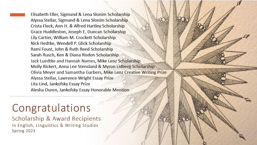 An image of text of all of the winners of the ELWS scholarships in the spring of 2023.