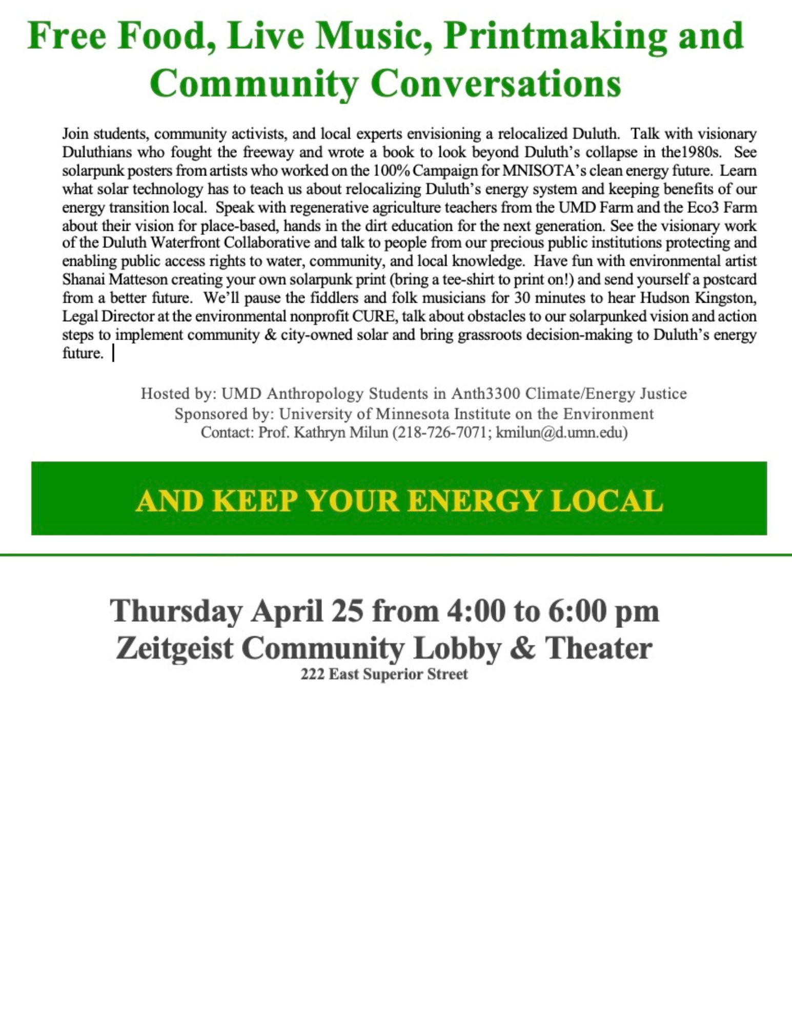 image of green and white flyer with details for the solarpunking Duluth event.