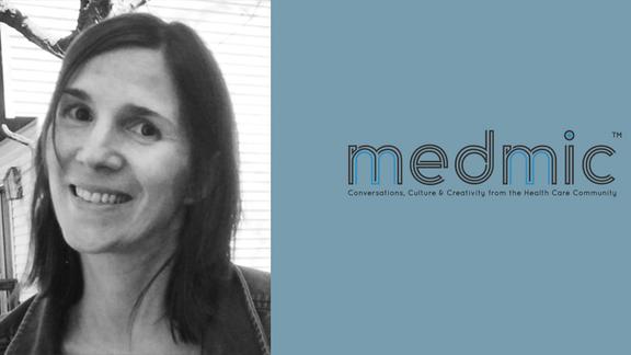 black and white portrait of Sarah Sowers-Wills and medmic logotype