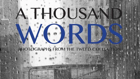 Black and white photograph with title "a thousand words" overlaid