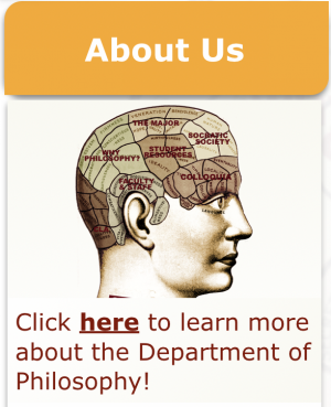 "About Us" in gold above a phrenology head above "Click here to learn more about the Department of Philosophy!" in maroon.