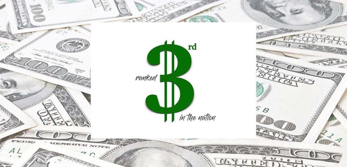 american currency with a number three turned into a dollar sign signifying the 3rd in the country ranking