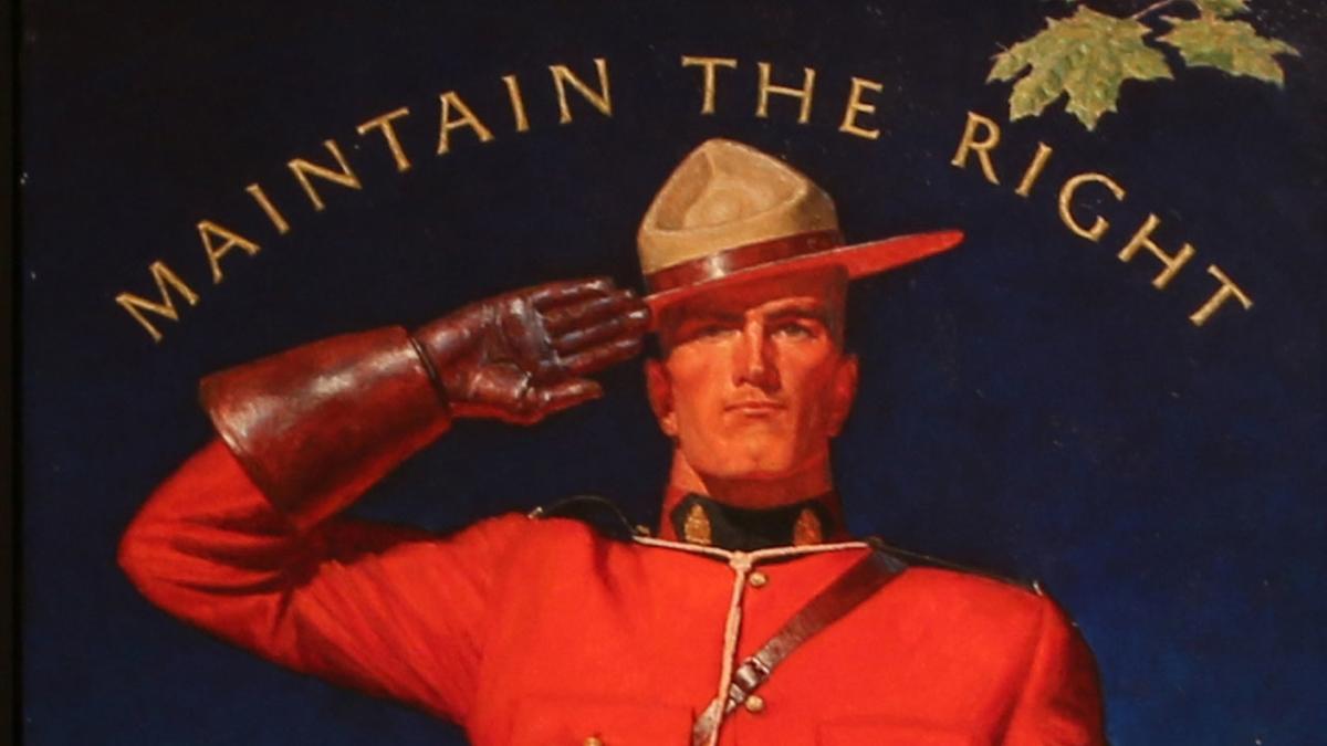torso and head part of a mountie dressed in red uniform, saluting with slogan "maintain the right" above his head